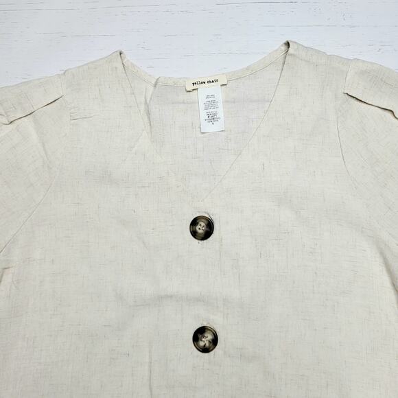 Yellow Chair Linen Blend Button Down Short Puff Sleeve Top Tan Beige New Small - Picture 3 of 6